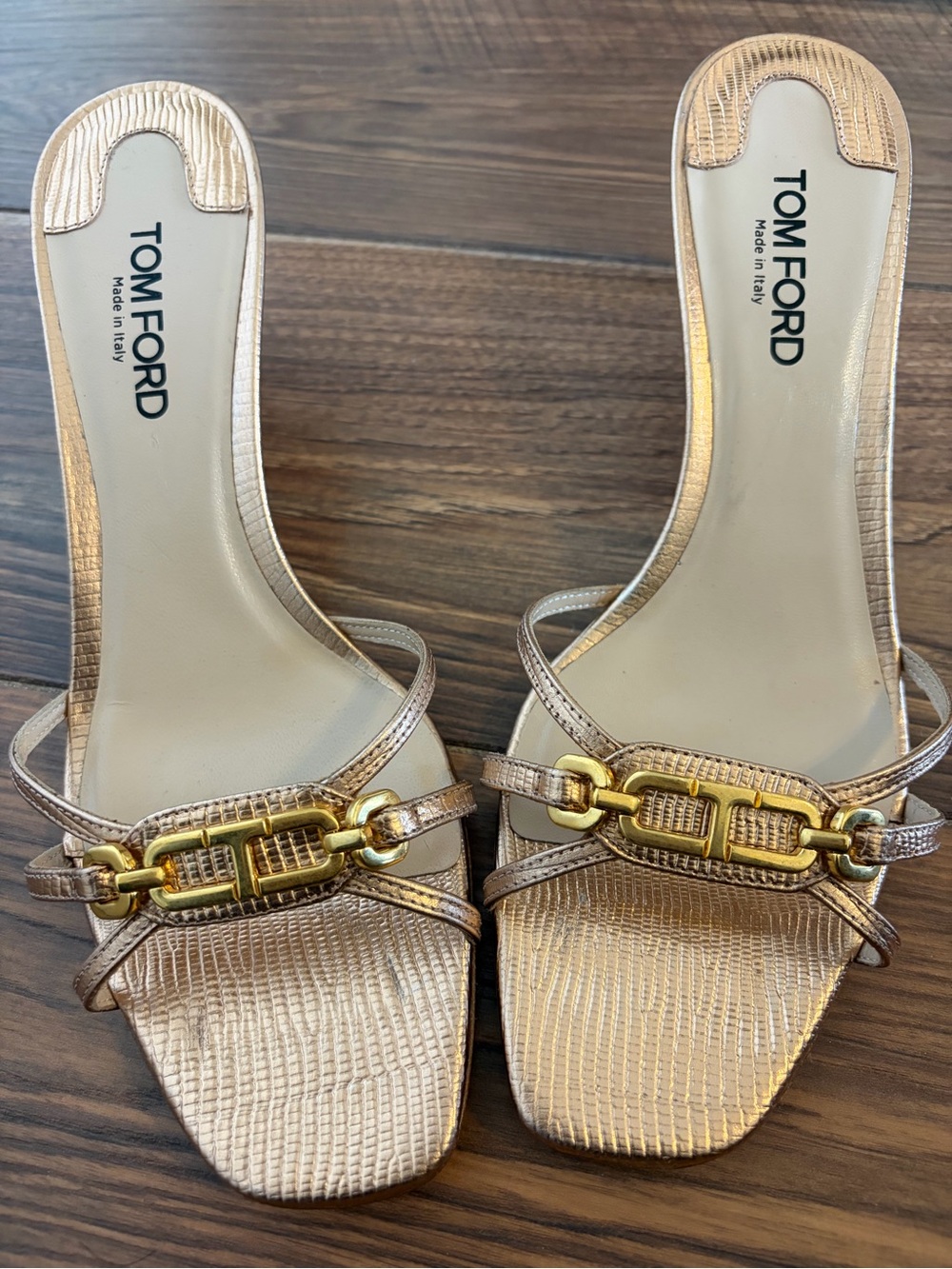 Tom Ford Metallic Gold Leather Slide Mules with Chain Accent